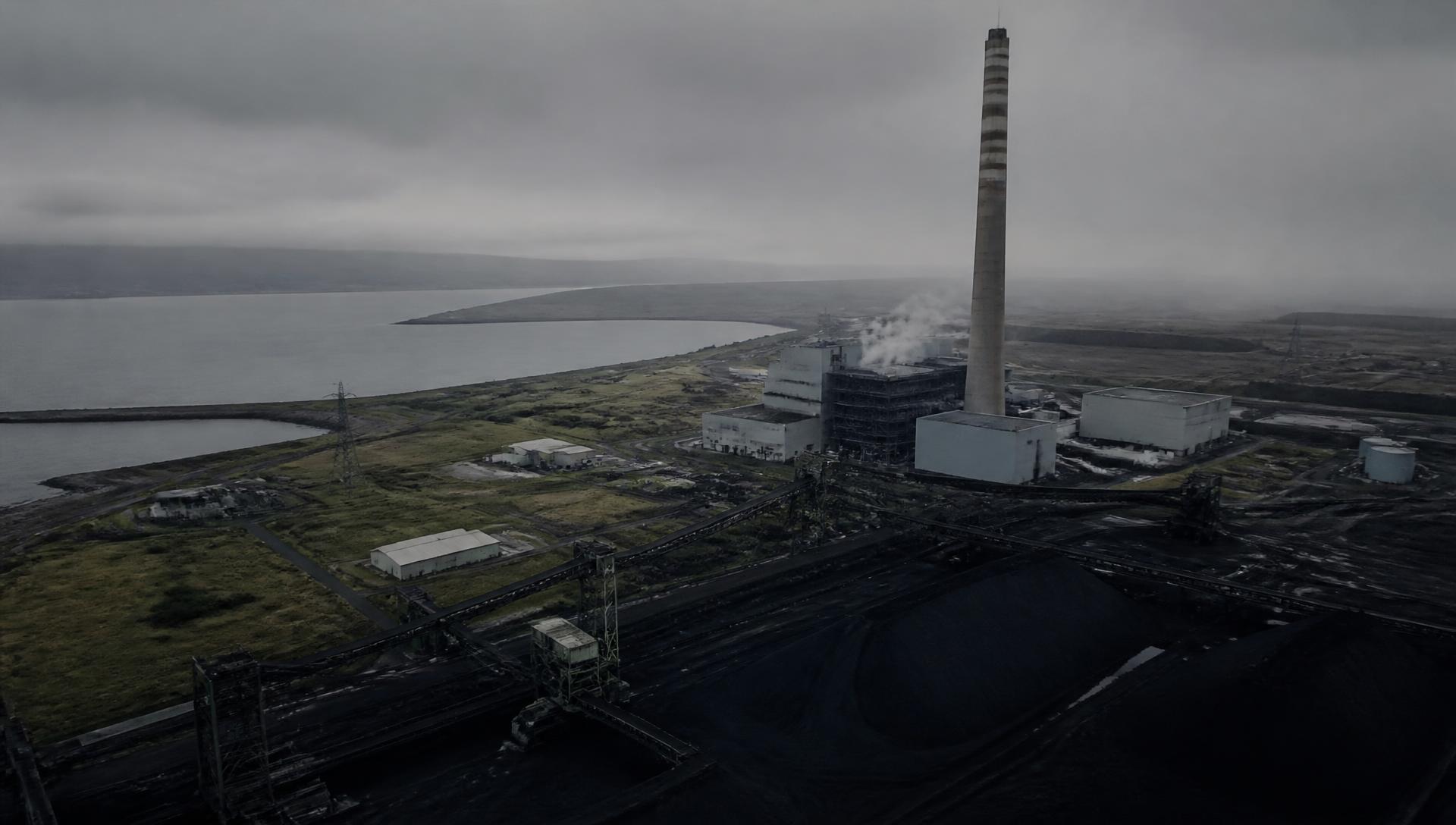 Aerial view of an Irish coastal power station at dusk